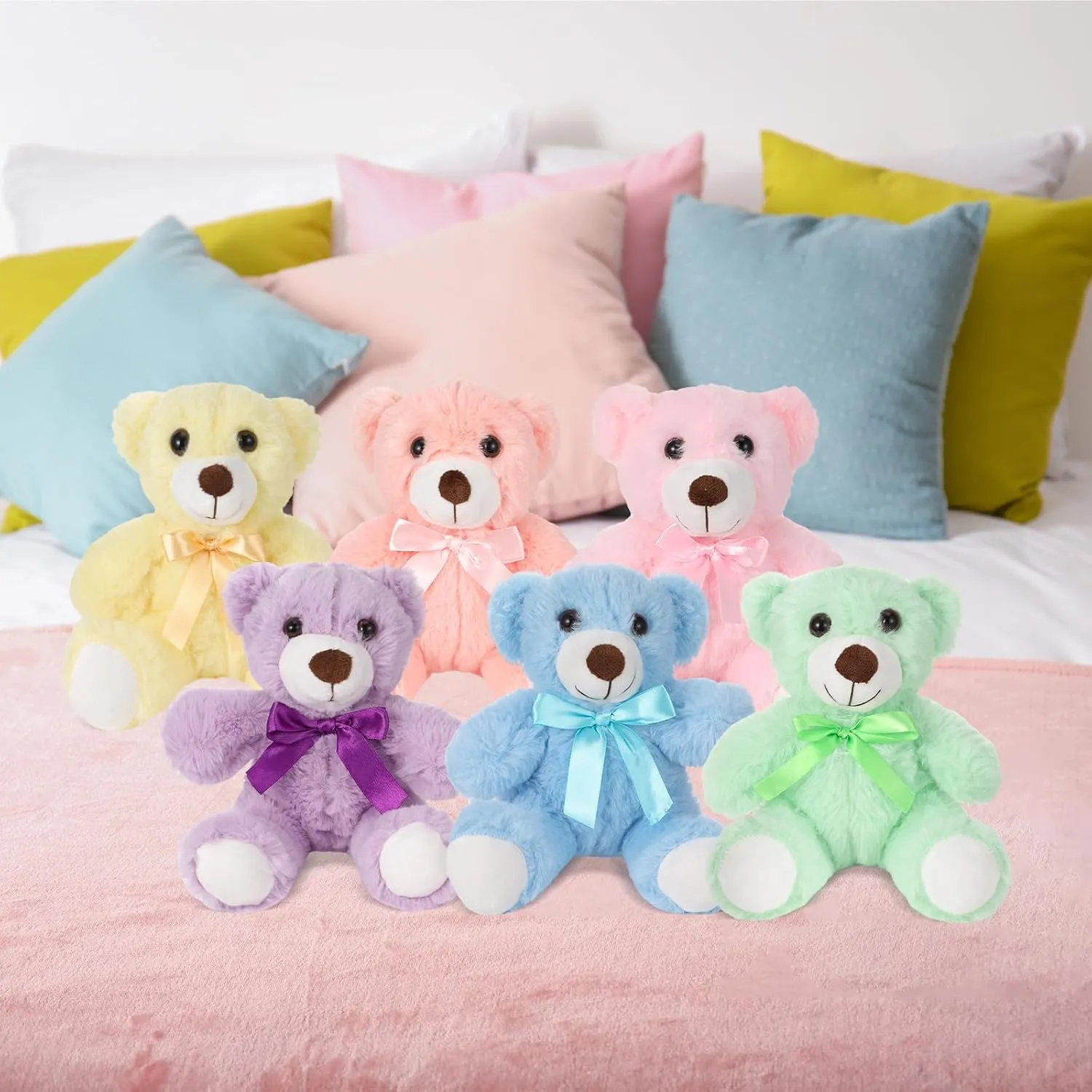 Plush Stuffed Animals cute 9.84'' Cuddly Toys Soft Plushies with Bowtie Macaron Color for Party Basket Stuffers Mother's Day Birthday Weeding Baby Shower Gifts(6 Pcs,Bear)