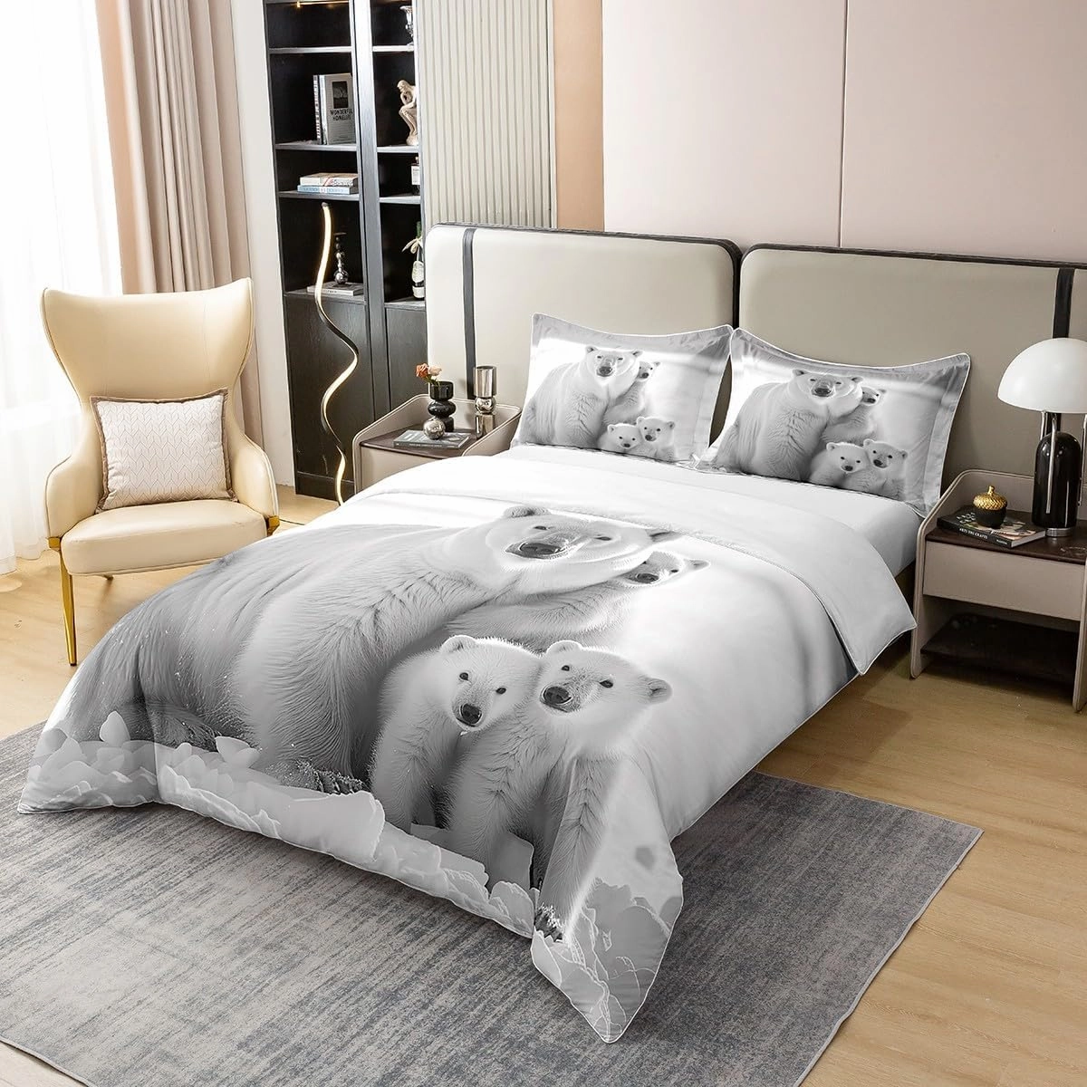Polar Bear Family 100% Cotton Duvet Cover King Arctic Glacier Bedding Set for Girls Boys Kids 3D Cute Polar Bear Comforter Cover Wildlife Animal Quilt Cover with 2 Pillowcases(Not Comforter)