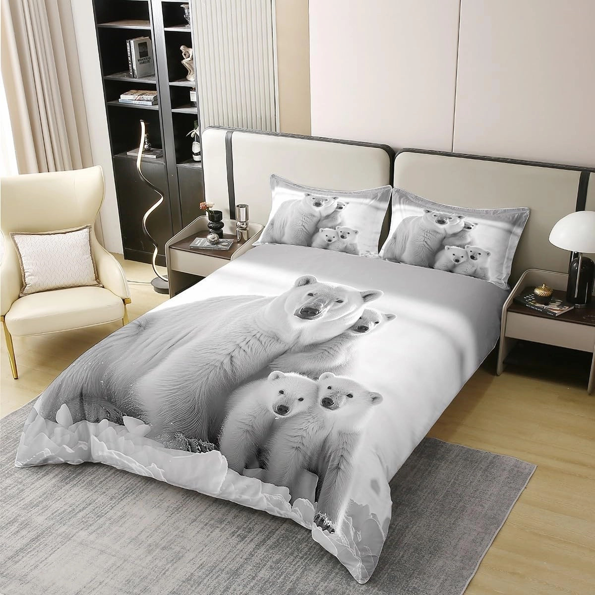 Polar Bear Family 100% Cotton Duvet Cover King Arctic Glacier Bedding Set for Girls Boys Kids 3D Cute Polar Bear Comforter Cover Wildlife Animal Quilt Cover with 2 Pillowcases(Not Comforter)