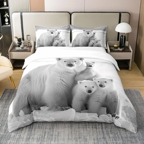 Polar Bear Family 100% Cotton Duvet Cover King Arctic Glacier Bedding Set for Girls Boys Kids 3D Cute Polar Bear Comforter Cover Wildlife Animal Quilt Cover with 2 Pillowcases(Not Comforter)