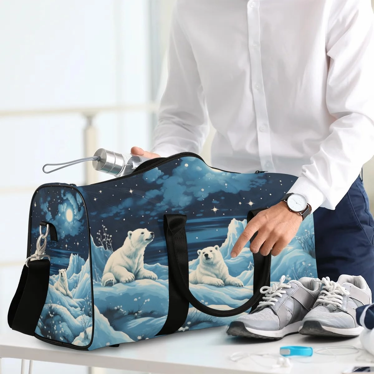 Polar Bear Print Travel Duffel Bag for Women Men Waterproof Foldable Overnight Weekender Bag Large Capacity Sports Gym Bag