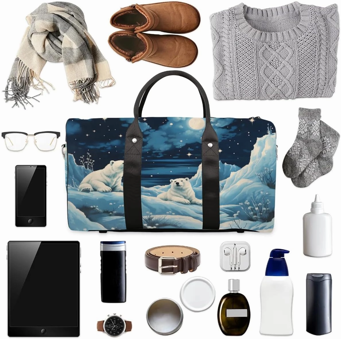 Polar Bear Print Travel Duffel Bag for Women Men Waterproof Foldable Overnight Weekender Bag Large Capacity Sports Gym Bag
