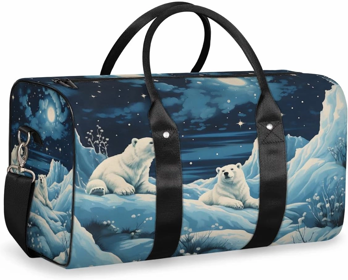 Polar Bear Print Travel Duffel Bag for Women Men Waterproof Foldable Overnight Weekender Bag Large Capacity Sports Gym Bag