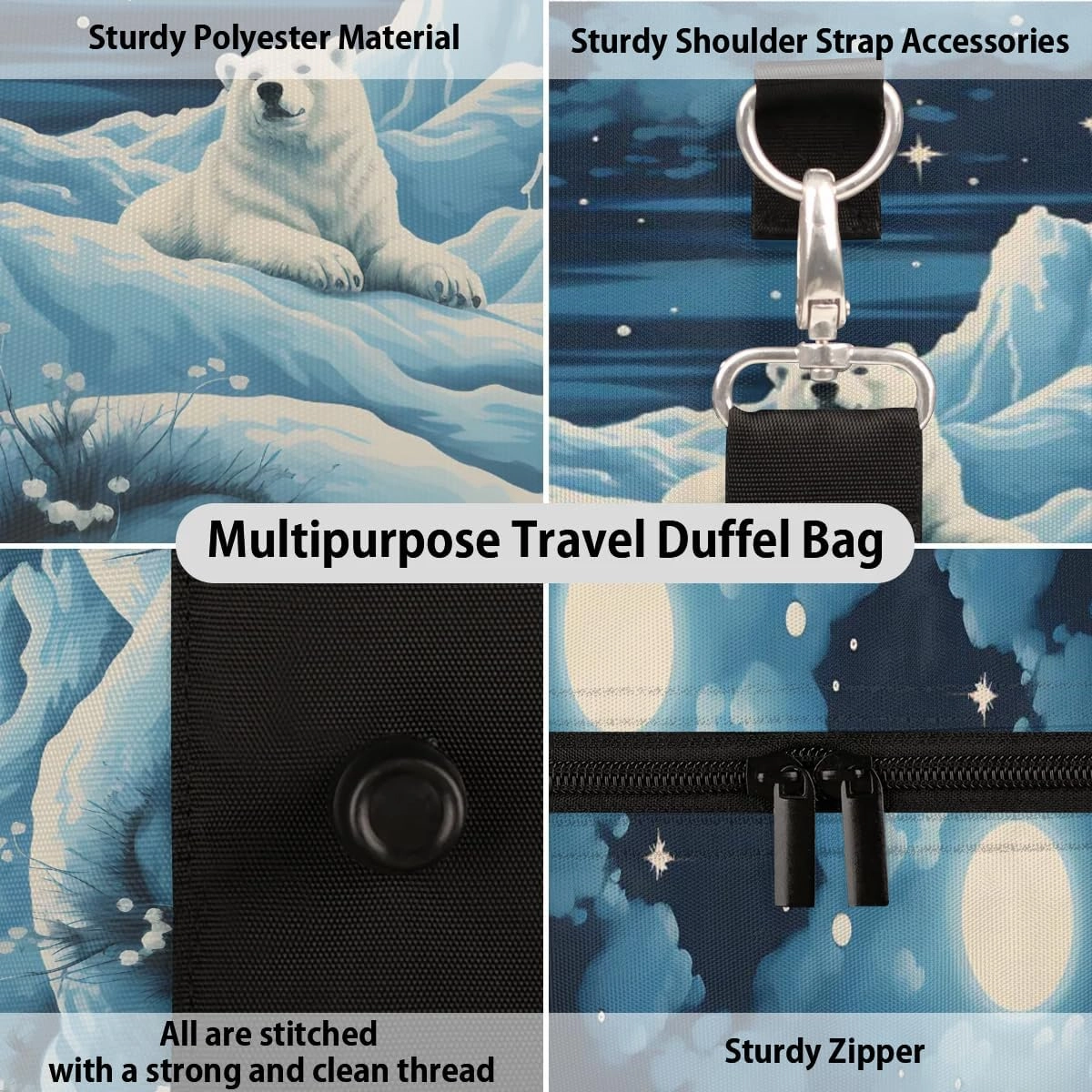Polar Bear Print Travel Duffel Bag for Women Men Waterproof Foldable Overnight Weekender Bag Large Capacity Sports Gym Bag