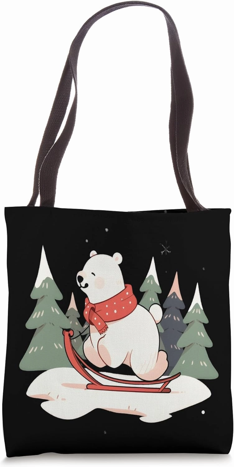 Polar Bear Riding Sled Sledge Sleighing Snow Sledging Winter Tote Bag