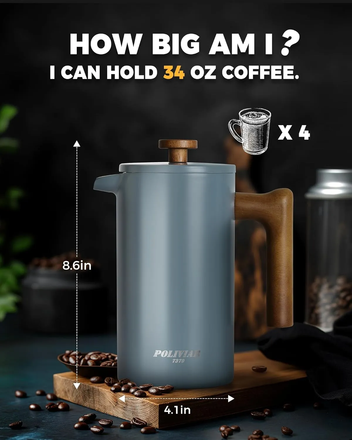 POLIVIAR French Press Coffee Maker, 34 oz Coffee Press with Real Wood Handle, Double Wall Insulation & Dual-Filter Screen, Food Grade Stainless Steel for Good Coffee and Tea (Alpline)