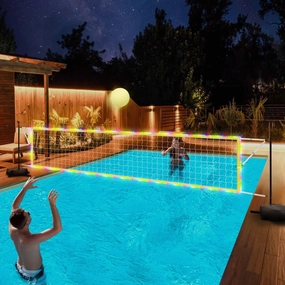 Pool Volleyball Net Set with Solar Powered LED Lights, Includes 15-32 Ft Adjustable Net, Glow Ball, Pump & Weighted Bases, Portable Volleyball Set for Outdoor Inground Pools, Family Swimming Games