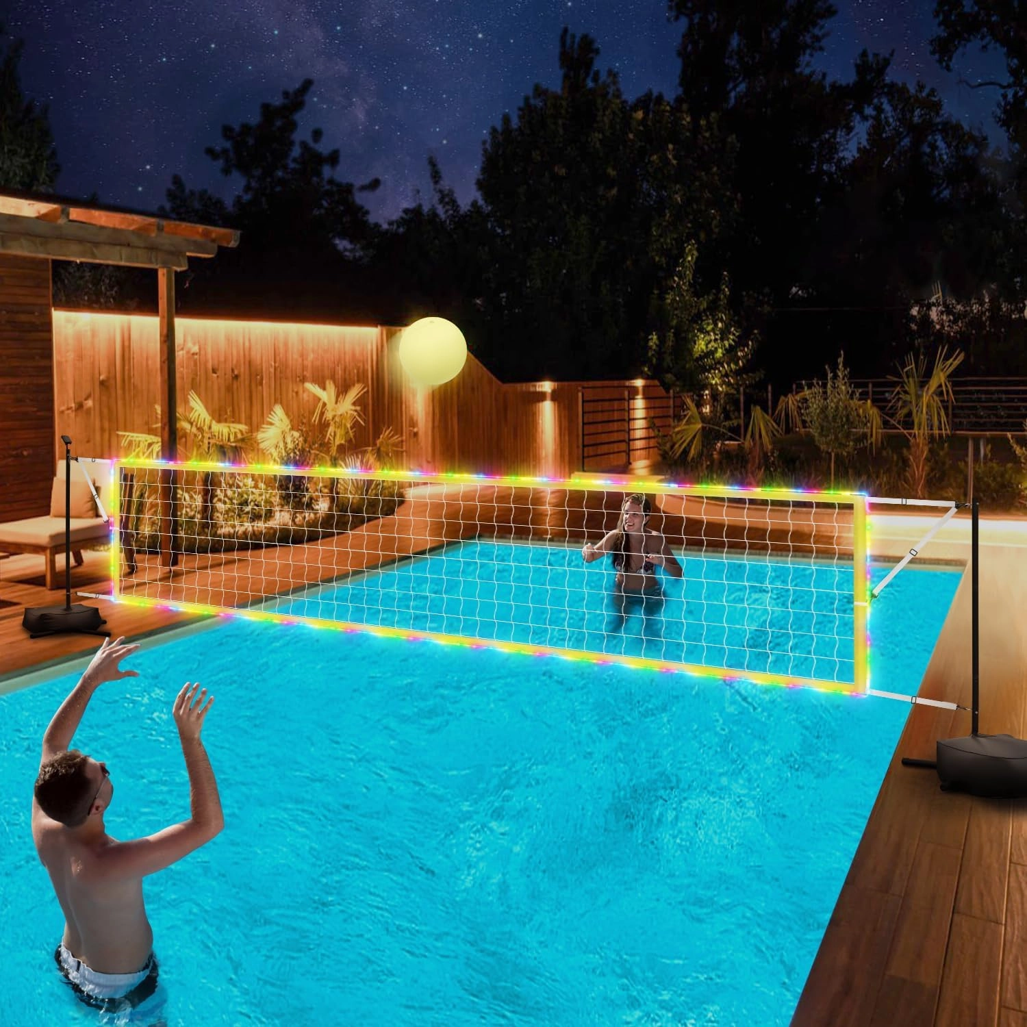 Pool Volleyball Net Set with Solar Powered LED Lights, Includes 15-32 Ft Adjustable Net, Glow Ball, Pump & Weighted Bases, Portable Volleyball Set for Outdoor Inground Pools, Family Swimming Games