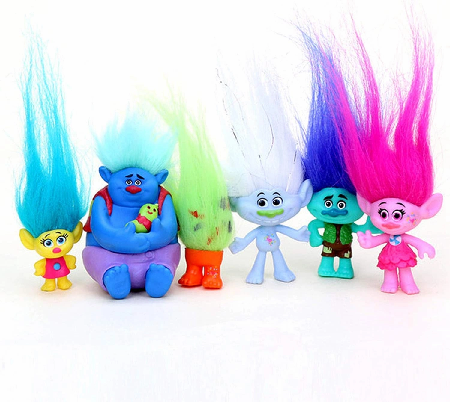 Poppy Trolls Doll with Hair Set of 6,Trolls Toys Party Supplies,Kids Action Figures Include Branch and Poppy,Guy Diamond, Biggie, Smidge, Fuzzbert