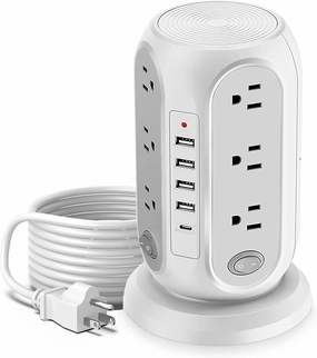 Power Strip Tower, Charging Tower for Multiple Devices, 16.5FT Surge Protector Tower with 12 AC Outlets 5 USB Ports (1 USB C) Overload Protection for Home Kitchen Dorm Office Desk (white-16.5ft)