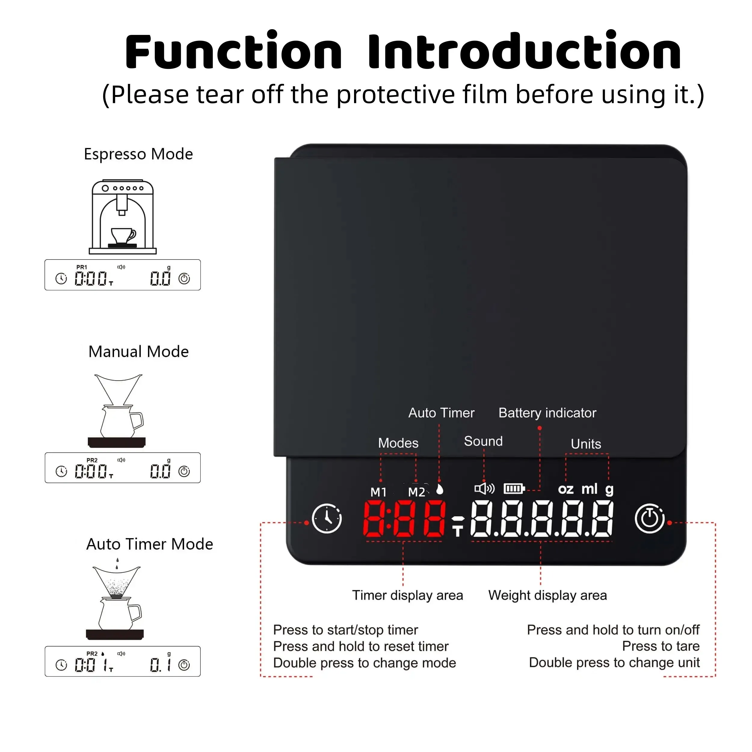 Premium Mini Espresso Coffee Scale - Smart Timer Kitchen Balance, USB Rechargeable, 2kg/0.1g Precision Measurement (g/oz/ml) - Perfect Gift for Coffee Lovers