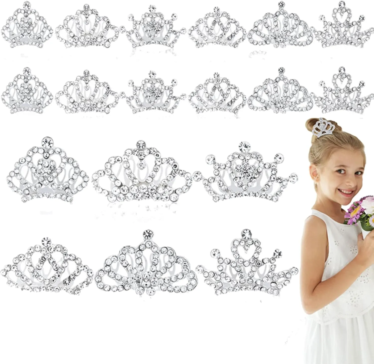 Princess Crown Comb Set for Girl 18 Pcs Silver Tiara Crown with Comb Crystal Tiara Headband Rhinestone Hair Piece Toddler Bride Hair Accessories for Birthday Party Photography Young Teens Gifts
