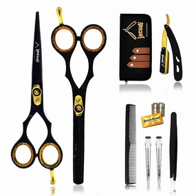 Professional Hair Cutting Scissors Set - Handmade Japanese Stainless Steel, Includes Barber Scissors, Hair Shears, Tweezers, Razor, 10 Blades, Comb, 2 Hair Clips & Cleaning Cloth.