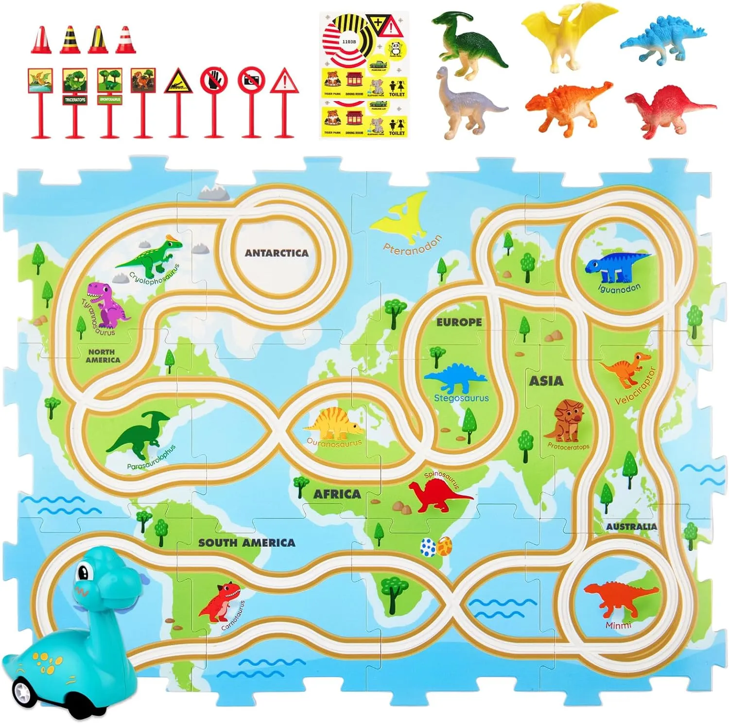 Puzzle Racer Kids Dinosaur Car Track Set, 3-8 Years Old Kid STEM Learning Floor Puzzle Playset, Educational Race Car Toy, for Birthday Christmas, Home Indoor Parent-Child Toys