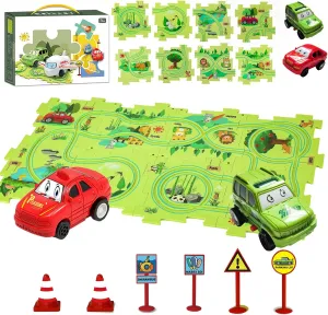 Puzzle Track Car Play Set - DIY Car Tracks Children's Educational Puzzle Board with Electric Vehicle Toy for Toddler Boys Kids Gift (FOREST-16PCS)