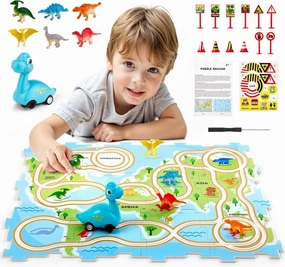 Puzzle Racer Kids Car Track Set: Unique World Map Floor Puzzle with Vehicles, Dinosaur Railcar Puzzle Playset, STEM Educational Toys for Kids Birthday Gifts for 3 4 5 6 Year Old Boys and Girls