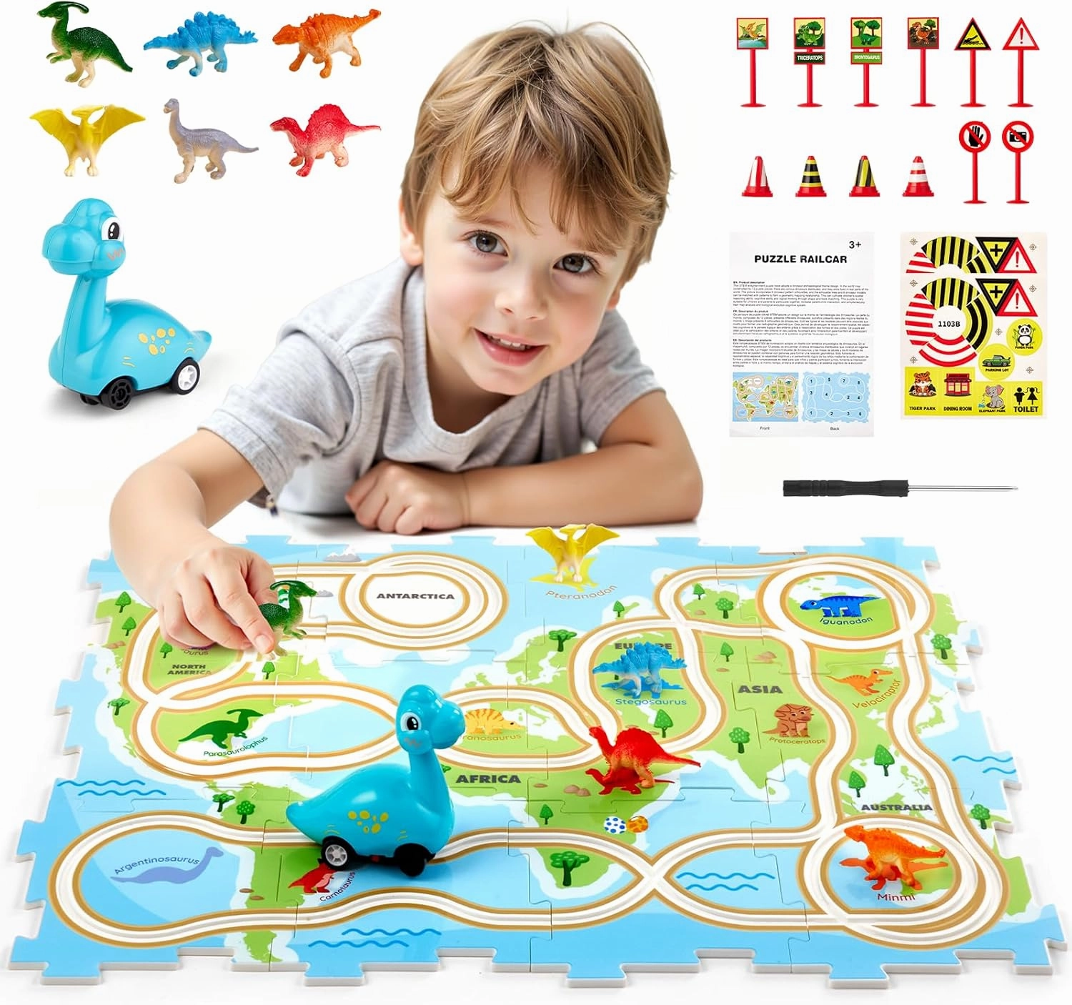 Puzzle Racer Kids Car Track Set: Unique World Map Floor Puzzle with Vehicles, Dinosaur Railcar Puzzle Playset, STEM Educational Toys for Kids Birthday Gifts for 3 4 5 6 Year Old Boys and Girls