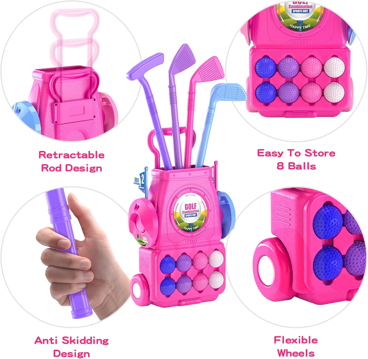 QDRAGON Kids Golf Clubs, 2 in 1 Toddler Golf Set with 8 Balls/Cornhole Board & Putting Mat/Golf Cart with Wheels, Indoor Outdoor Sport Toys Gifts for Boys Girls Ages 3 4 5 6 , Pink