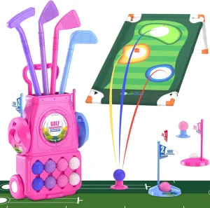 QDRAGON Kids Golf Clubs, 2 in 1 Toddler Golf Set with 8 Balls/Cornhole Board & Putting Mat/Golf Cart with Wheels, Indoor Outdoor Sport Toys Gifts for Boys Girls Ages 3 4 5 6 , Pink