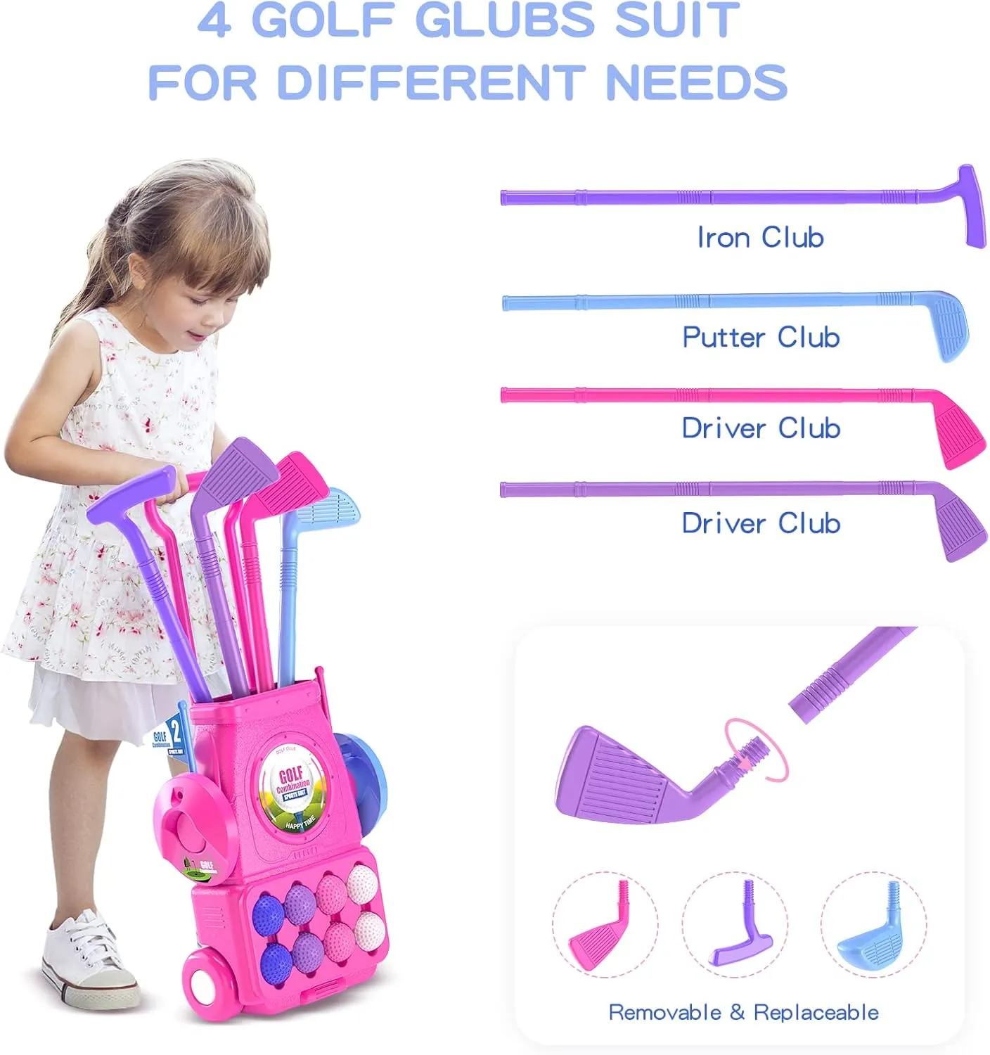 QDRAGON Kids Golf Clubs, 2 in 1 Toddler Golf Set with 8 Balls/Cornhole Board & Putting Mat/Golf Cart with Wheels, Indoor Outdoor Sport Toys Gifts for Boys Girls Ages 3 4 5 6 , Pink