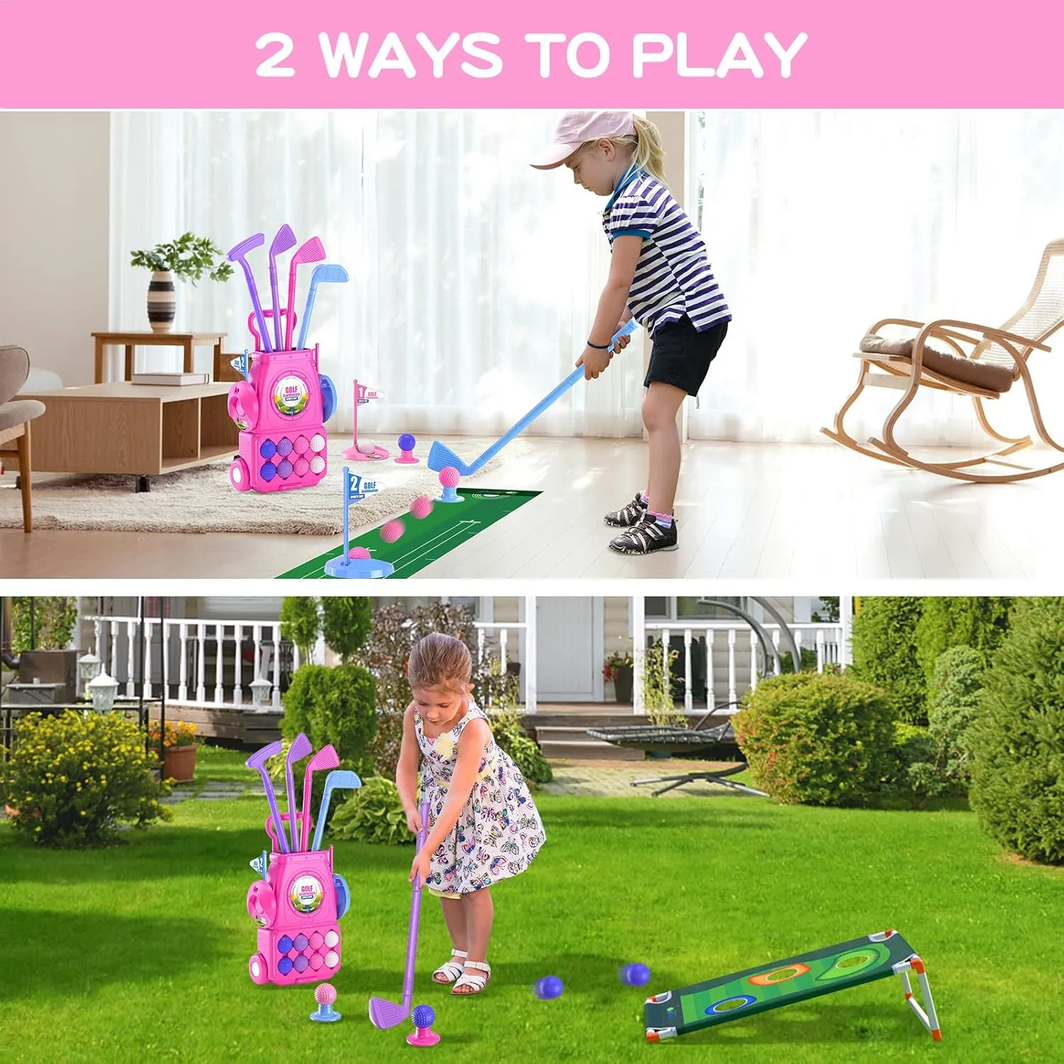 QDRAGON Kids Golf Clubs, 2 in 1 Toddler Golf Set with 8 Balls/Cornhole Board & Putting Mat/Golf Cart with Wheels, Indoor Outdoor Sport Toys Gifts for Boys Girls Ages 3 4 5 6 , Pink