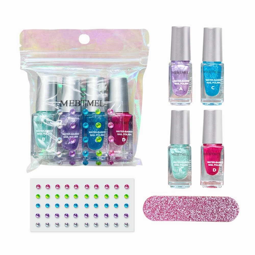 QQ 4PK Nail Polishes and 5PCS Lip Glosses Kit for Girl Age 6-8, Kids Non Toxic Water Based Peef-Off Quick Dry Nail Polishes