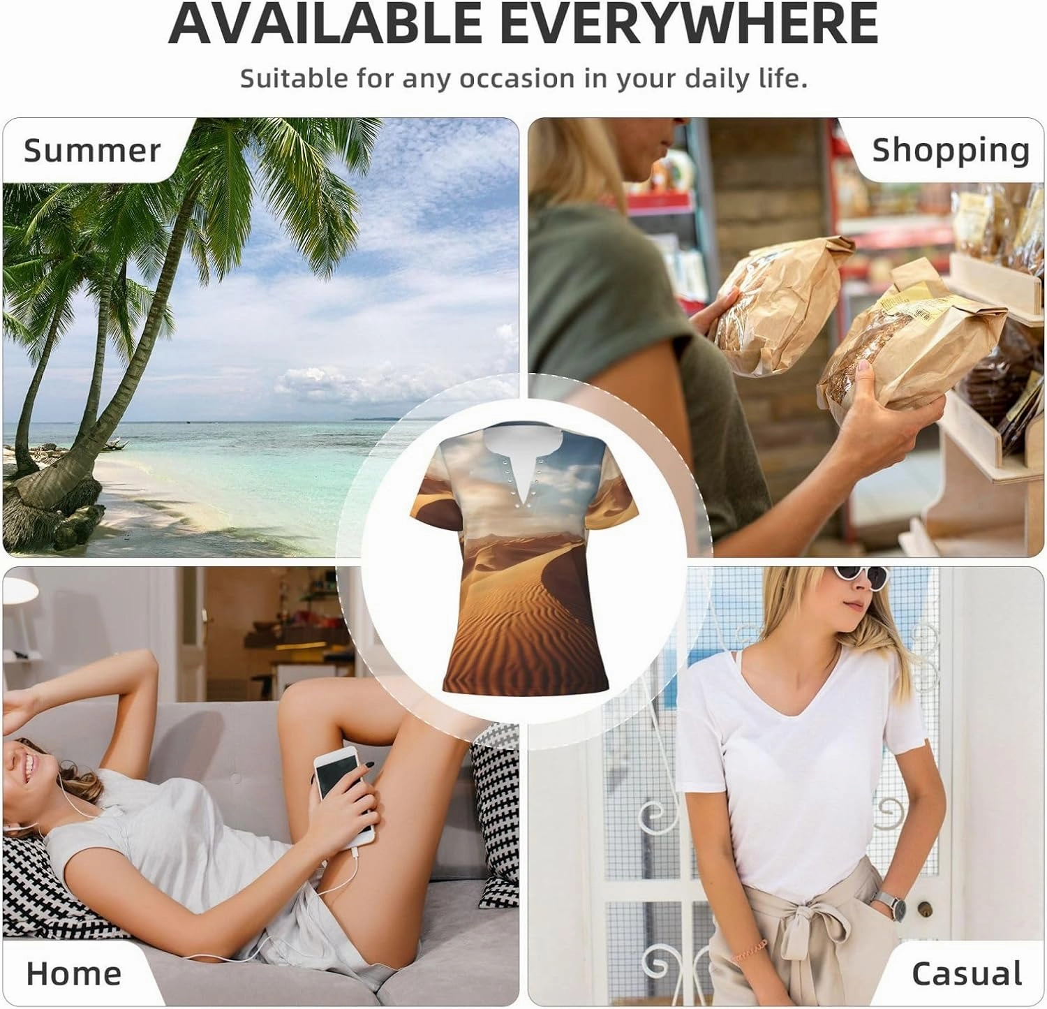 Quicksand Pattern Sexy V-Neck Printed Short T-Shirt, Travel Portable Fitness Clothes, Home and Outdoor wear