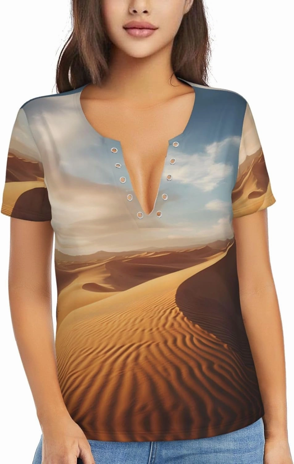 Quicksand Pattern Sexy V-Neck Printed Short T-Shirt, Travel Portable Fitness Clothes, Home and Outdoor wear
