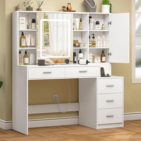 Quimoo 47" Vanity Desk with Sliding Lighted Mirror and Power Outlet, Makeup Vanity Desk with 5 Drawers and Cabinet, Hidden and Open Shelves, Vanity Table Set with 3 Color Lighting, White