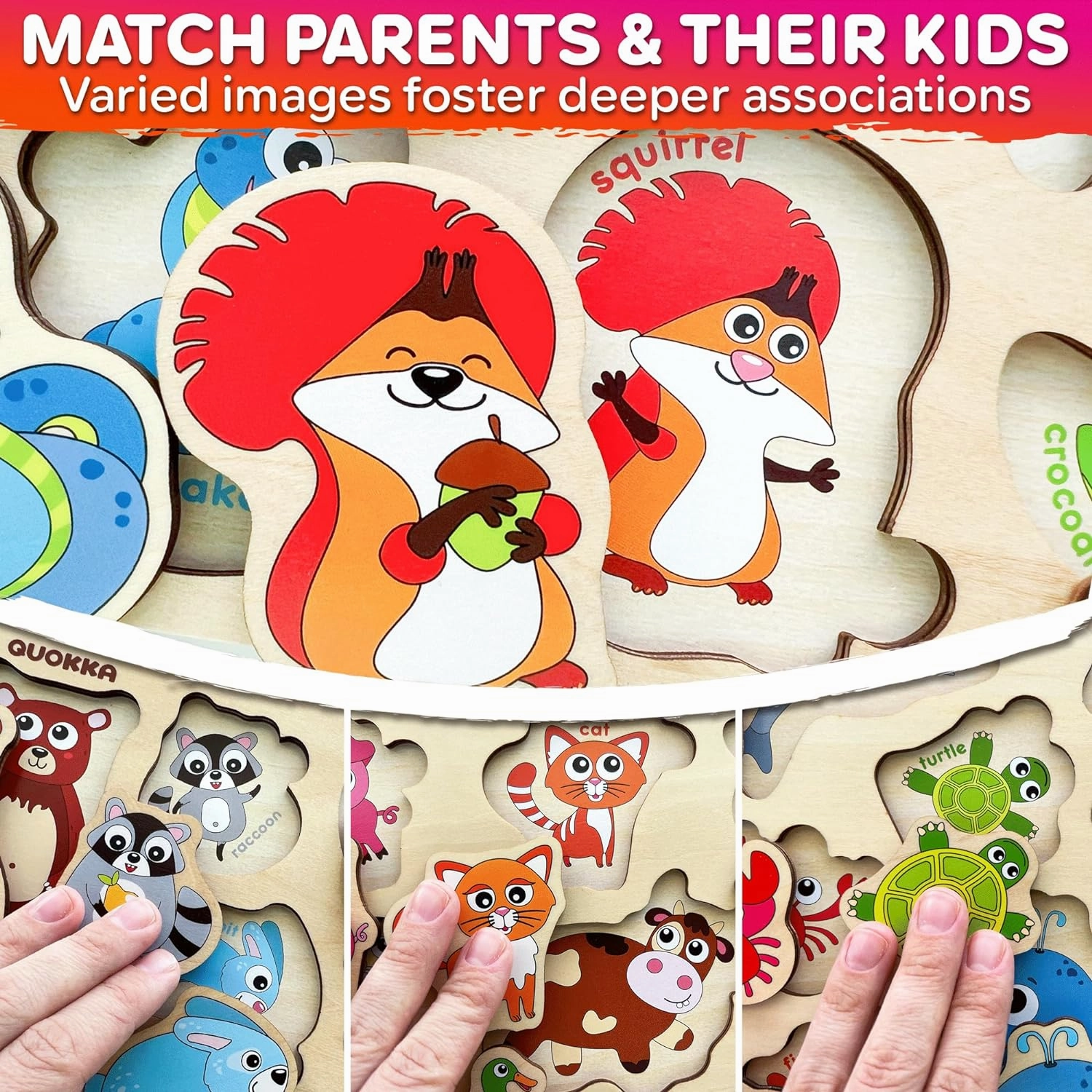 QUOKKA Wooden Puzzles for Toddlers Ages 1-3-5 – Animal Peg Puzzles for Kids 2-4 Years Old – Set of 3 Wood Learning Travel Toys for Children – Gift Educational Game for Boys and Girls