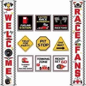 Race Car Birthday Party Banner Checkered Flags 9 Cars Party Signs for Car Birthday Party Decoration Set Racing Fans Welcome Porch Sign for Boys Let's Go Racing Party Supplies for Kids Race Fans