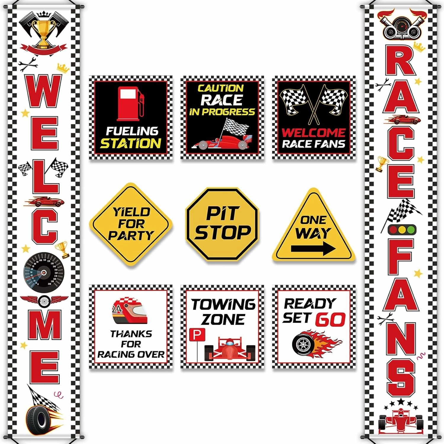 Race Car Birthday Party Banner Checkered Flags 9 Cars Party Signs for Car Birthday Party Decoration Set Racing Fans Welcome Porch Sign for Boys Let's Go Racing Party Supplies for Kids Race Fans