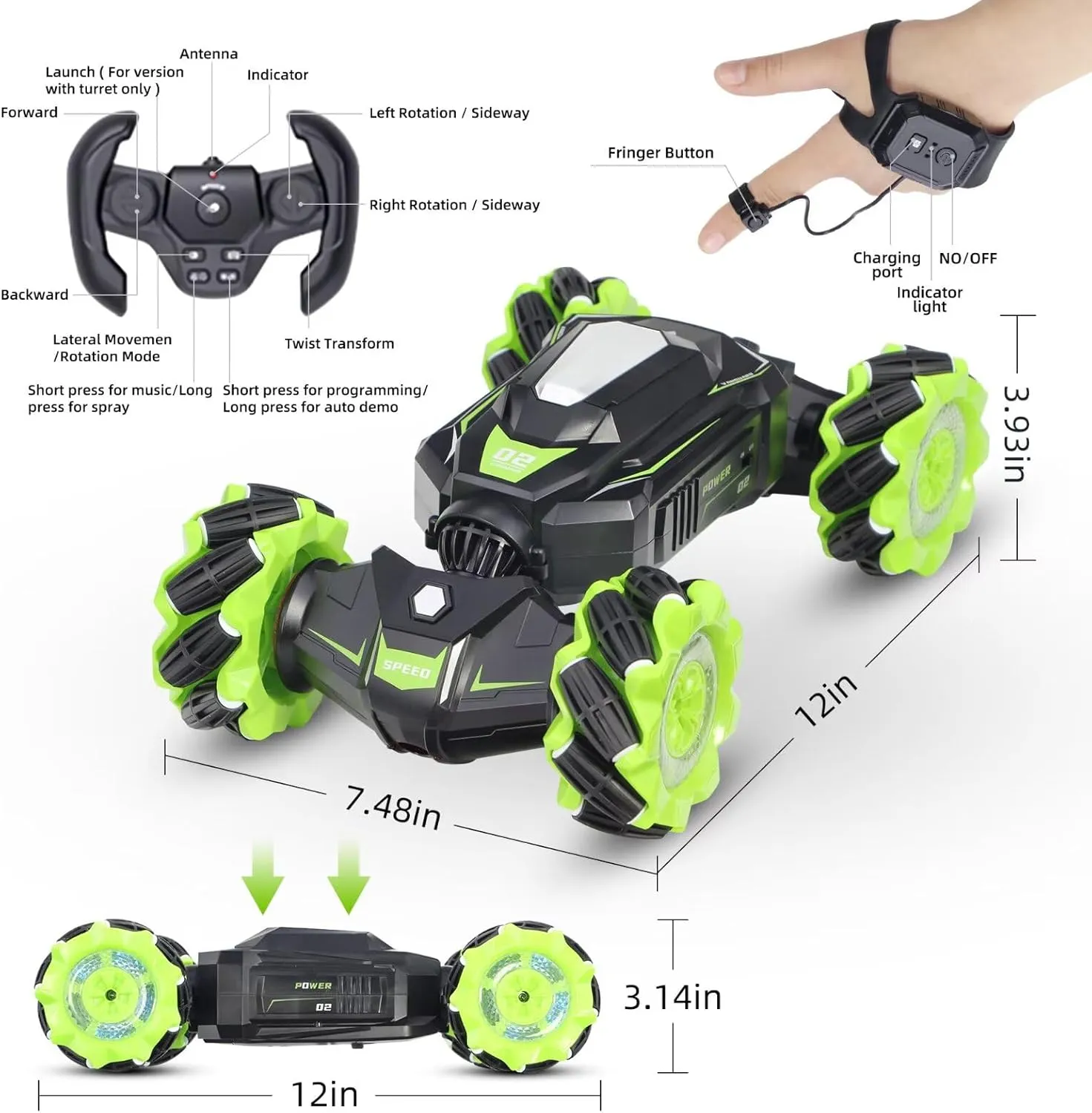RC Car Shoot Nerf Bullet, Remote Control Hand Gesture Stunt Drift Truck, Hand Remote, 360°Rotating Battle Tanks with Soft Bullets Water Bomb, Spray, Music, Led, Toy Gifts（Green）