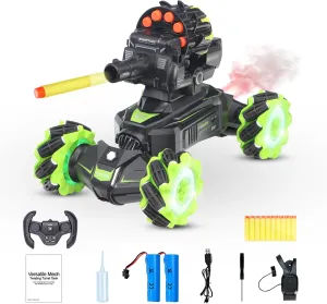 RC Car Shoot Nerf Bullet, Remote Control Hand Gesture Stunt Drift Truck, Hand Remote, 360°Rotating Battle Tanks with Soft Bullets Water Bomb, Spray, Music, Led, Toy Gifts（Green）