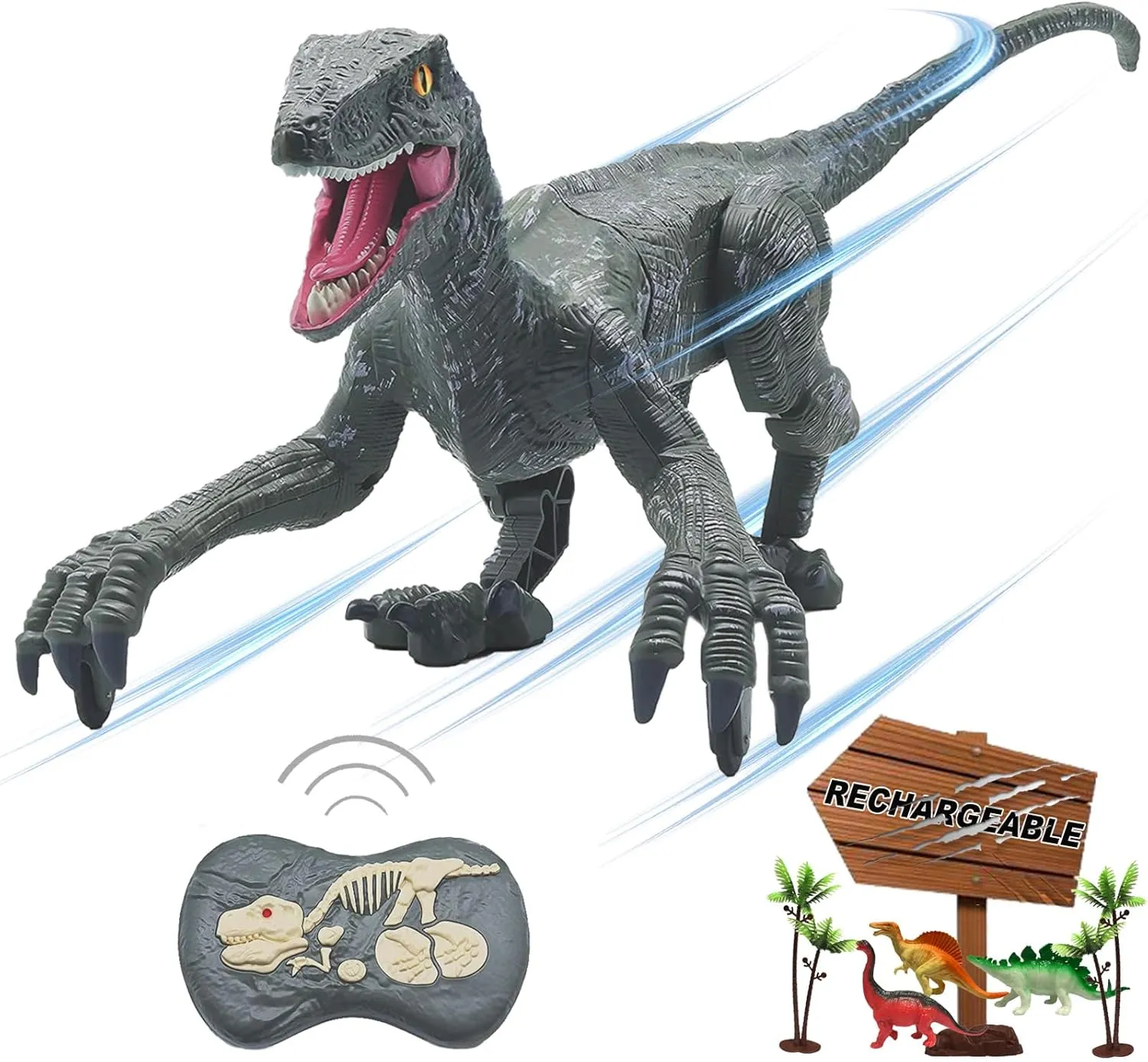 Remote Control Dinosaur Toys for Boys Kids Girls 3 4 5 6 7 8 Electronic RC Robot Toy 2.4Ghz Walking Roaring Velociraptor Realistic 18.1" Jurassic Dino Rechargeable Raptor Blue Birthday Gift