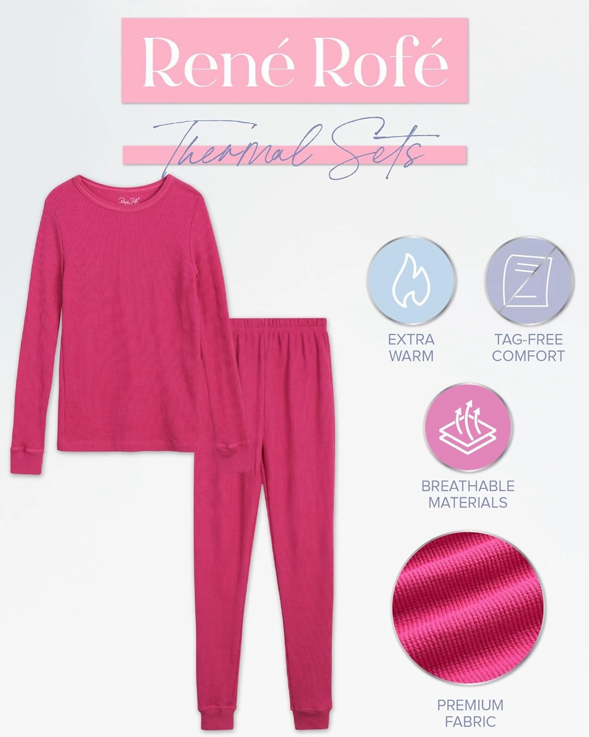 Rene Rofe Girls’ Thermal Underwear Set – 4 Piece Waffle Knit Top and Long Johns (2T-16)