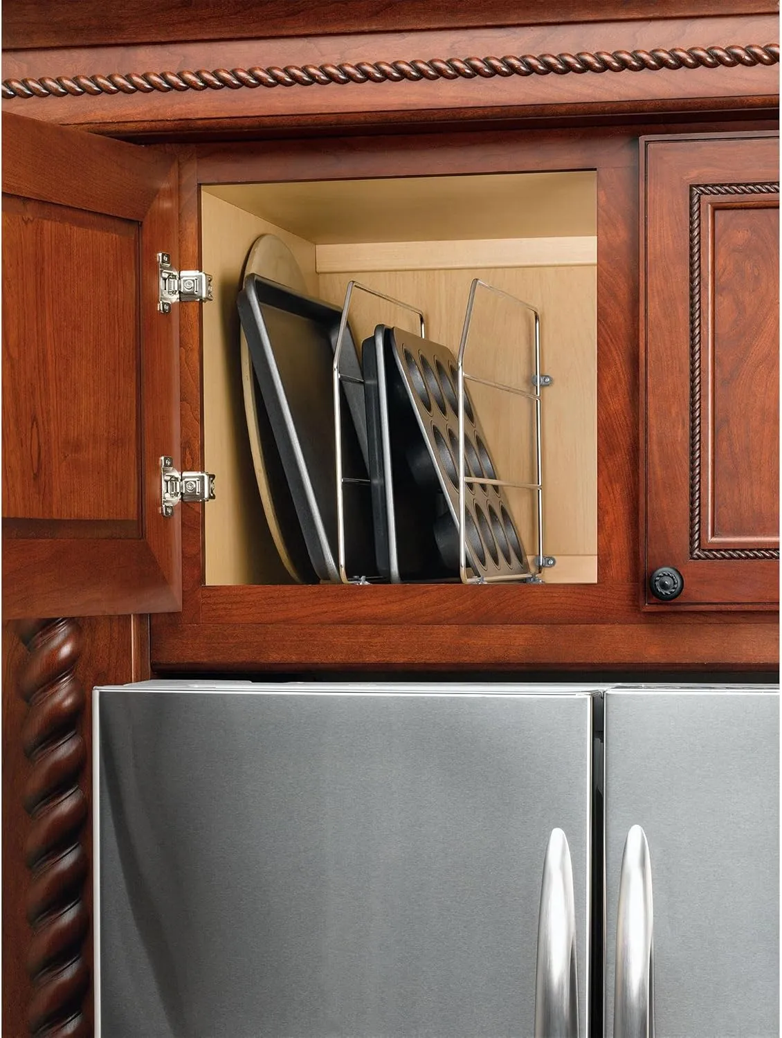 Rev-A-Shelf 12" Baking Sheet Shelf Organizer for Wall and Base Kitchen Cabinets, Divider Pan Rack Storage Wires for Cupboards, Chrome, 597-12CR-2-1