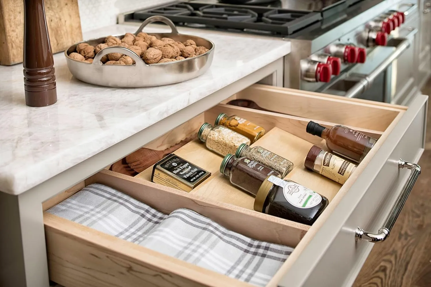 Rev-A-Shelf 22" 3 Tiered Seasoning Organizer, Trim-to-Fit Wooden Kitchen Draw and Cabinet Home Storage Insert, Pull Out Spice Rack, Maple, 4SDI-24
