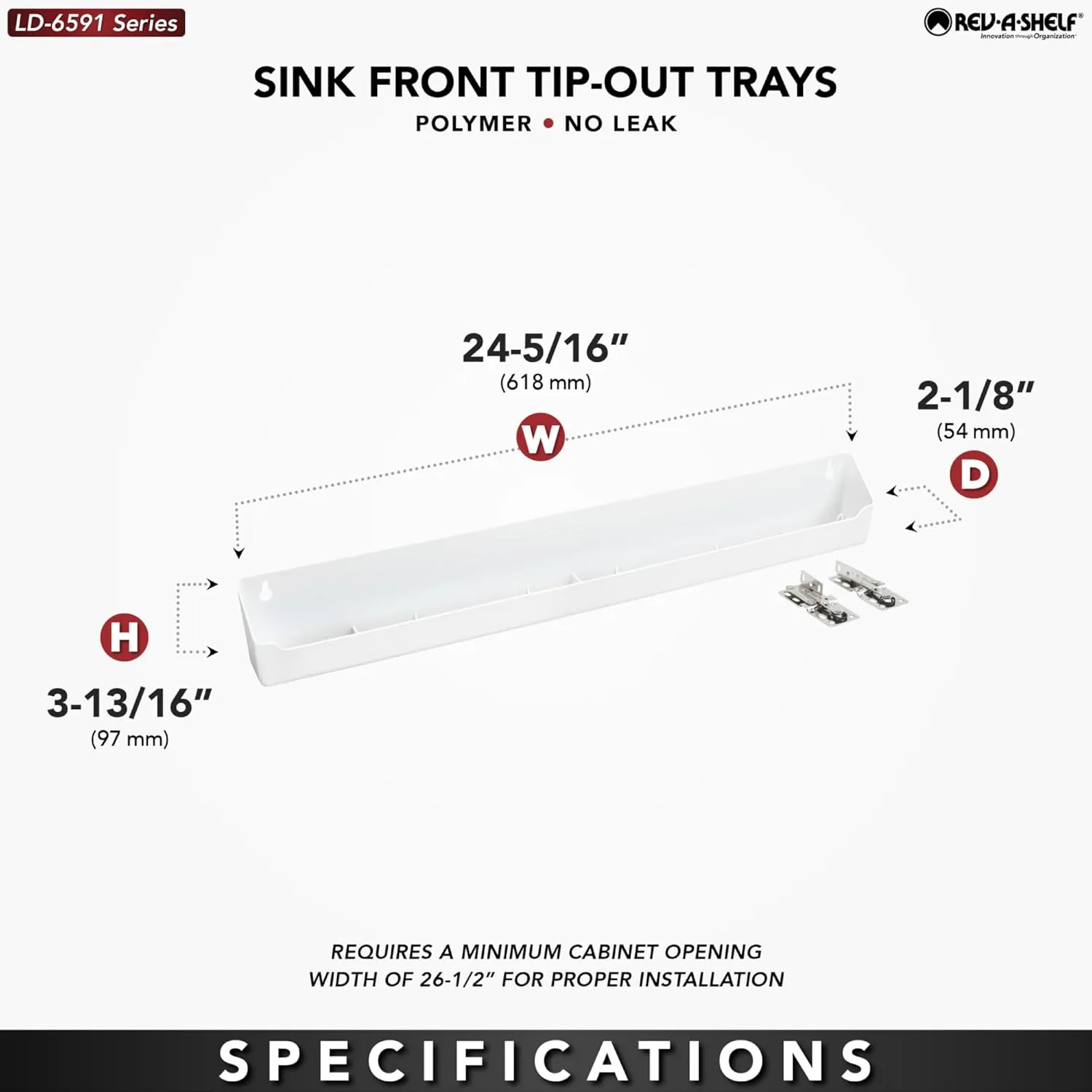 Rev-A-Shelf 24" Tip-Out Plastic Sink Tray for Kitchen and Bathroom Base Cabinets, Large Pullout Vanity Shelf Home Organizer, White, LD-6591-24-11-1