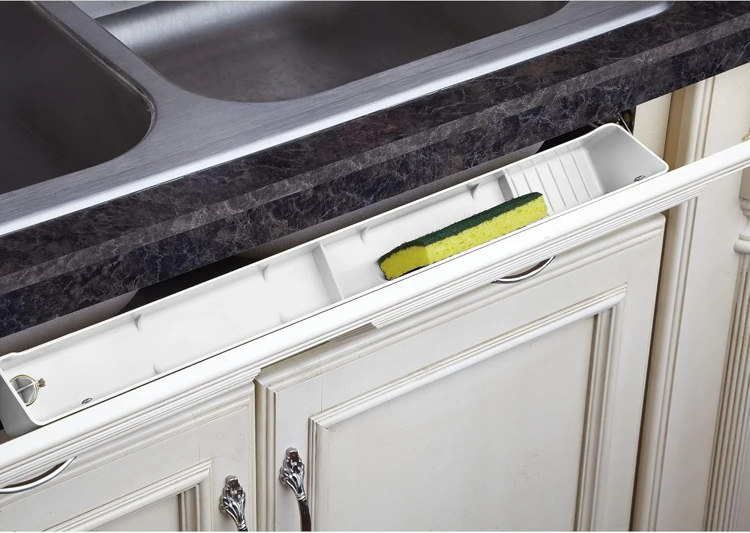 Rev-A-Shelf 24" Tip-Out Plastic Sink Tray for Kitchen and Bathroom Base Cabinets, Large Pullout Vanity Shelf Home Organizer, White, LD-6591-24-11-1