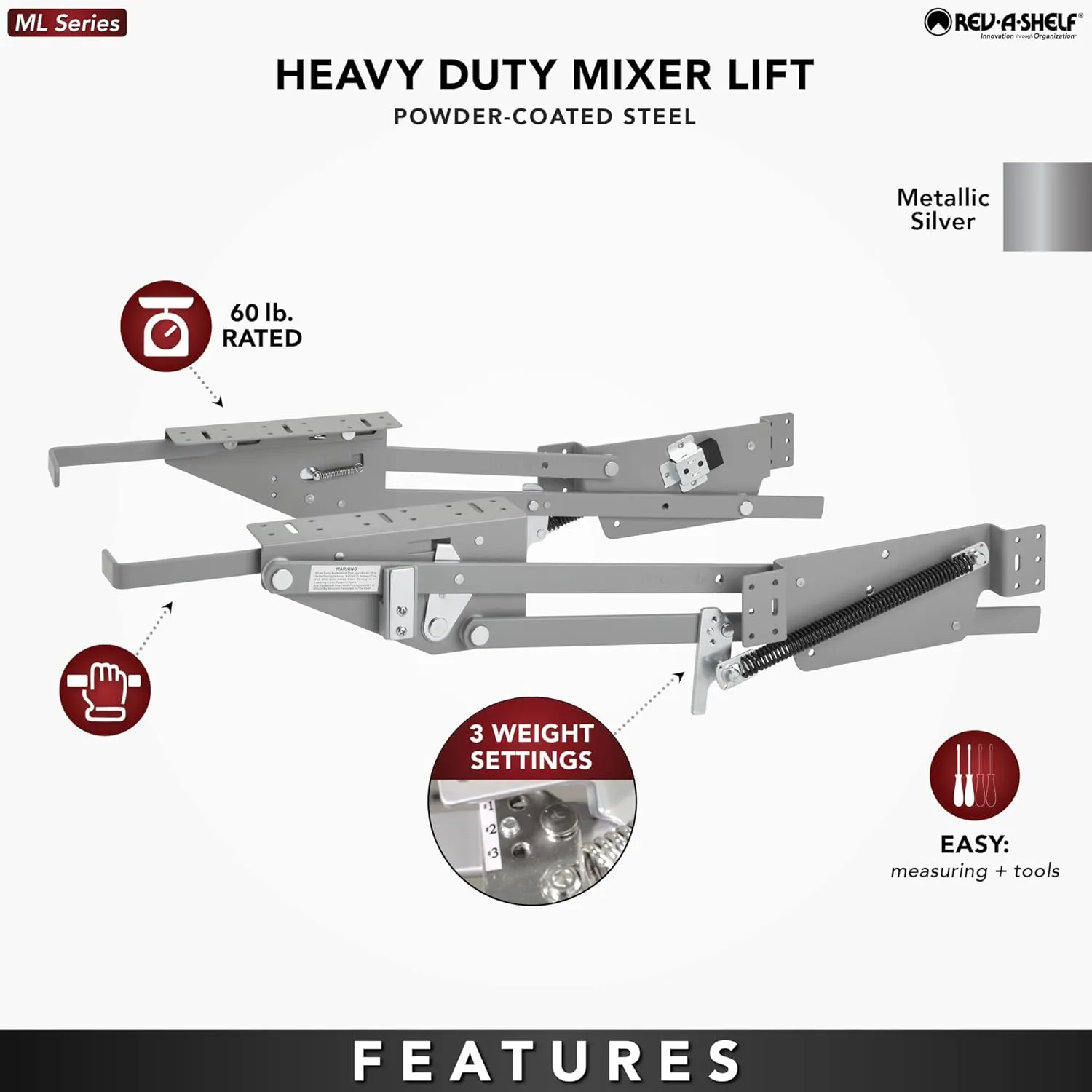 Rev-A-Shelf Kitchen Cabinet Spring Loaded Mixer and Appliance Lift Assist Mechanism for Small Kitchen Appliances, Zinc, RAS-ML-HDCR
