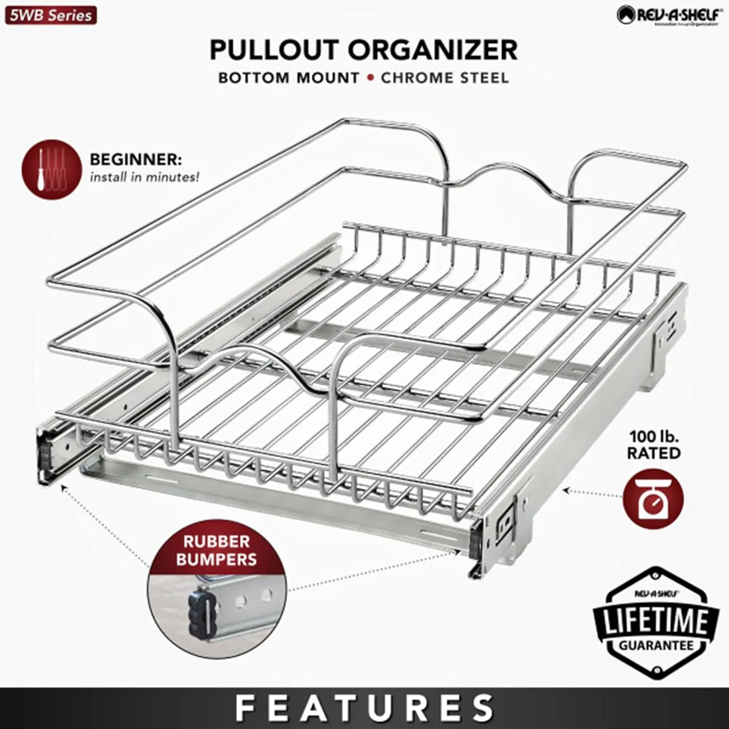 Rev-A-Shelf Kitchen Cabinet Wire Pullout Shelf and Drawer Organizer Pantry Storage with Basket and Mounting Hardware, 15 x 22 In, 5WB1-1522CR-1