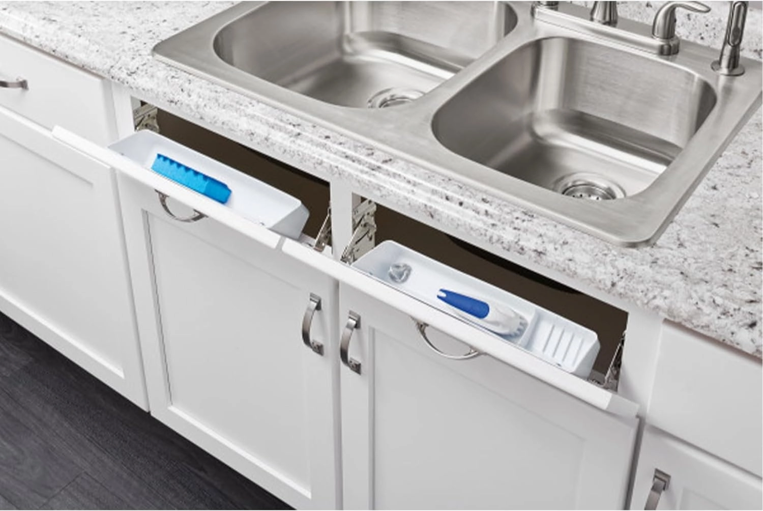 Rev-A-Shelf 11" Tip-Out Plastic Sink Trays for Kitchen and Bathroom Base Cabinet, Pack of 2 Pullout Vanity Shelf Home Organizer, White, 6572-11-11-52