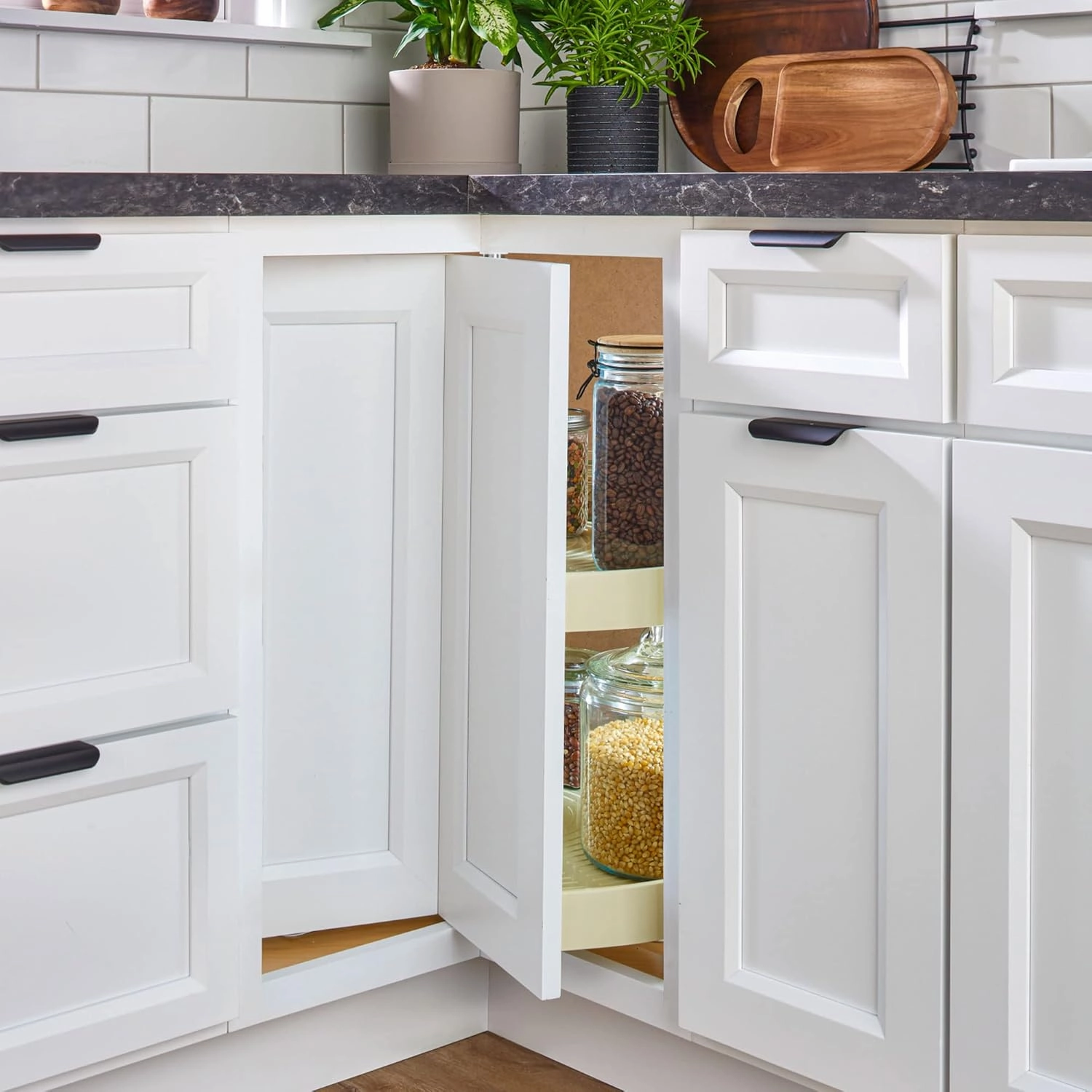Rev-A-Shelf 28" Dual Tier Pie-Cut Lazy Susan Organizer for Base Corner Kitchen Cabinets, Two Plastic Home Storage Shelves, Almond, LD-2942-28-15-1