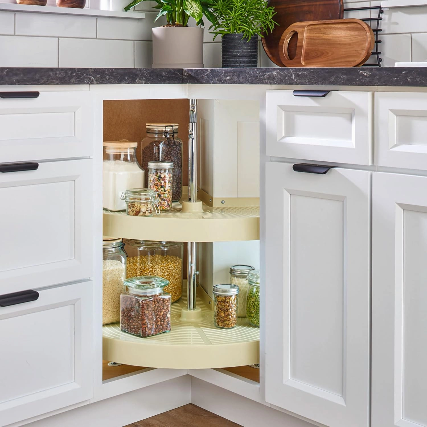 Rev-A-Shelf 28" Dual Tier Pie-Cut Lazy Susan Organizer for Base Corner Kitchen Cabinets, Two Plastic Home Storage Shelves, Almond, LD-2942-28-15-1