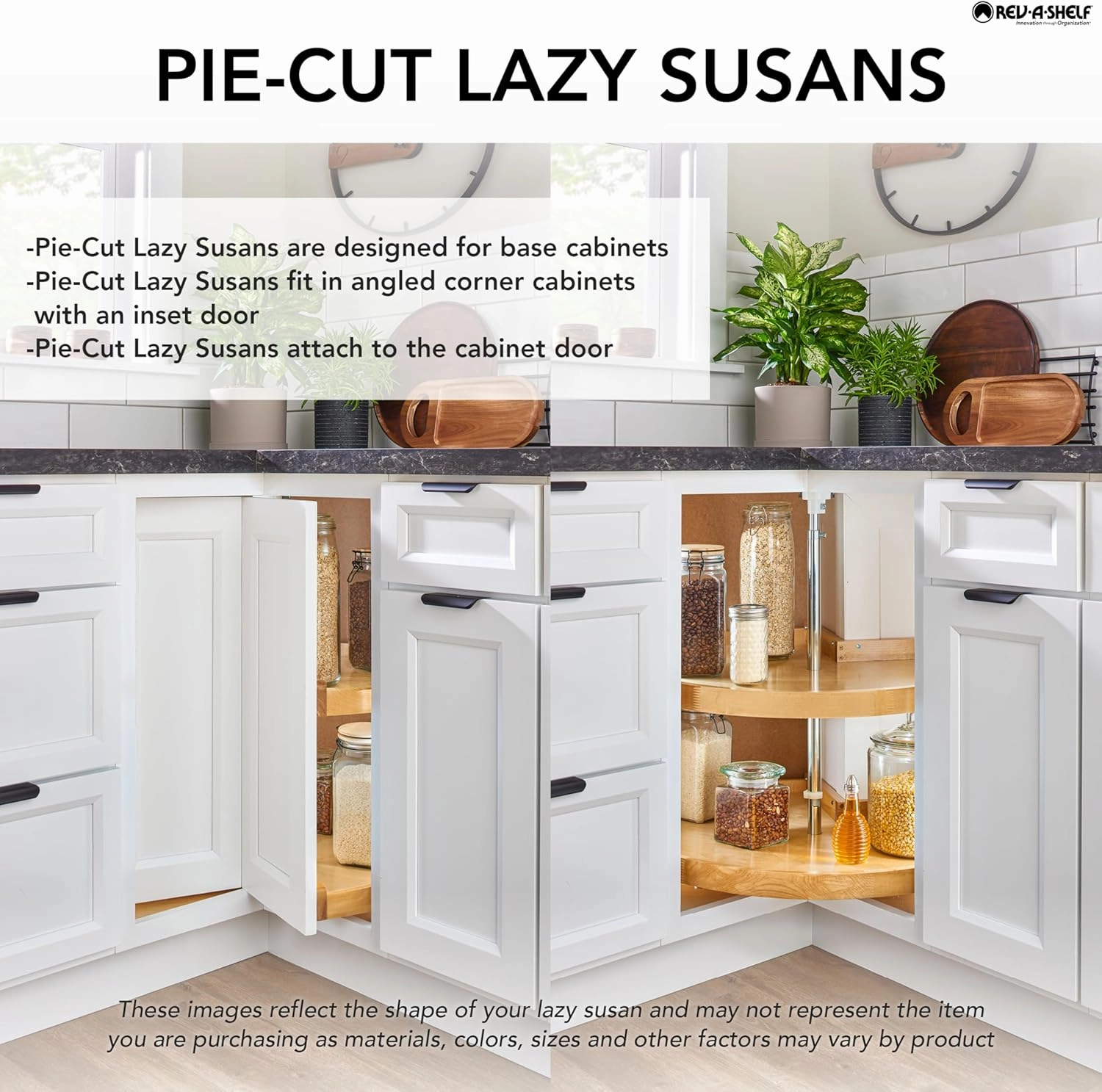 Rev-A-Shelf 28" Pie-Cut Dual Tier Lazy Susan Organizer for Corner Wall Kitchen Cabinets, Plastic Home Rotating Storage Shelves, White, 2942-28-11-1