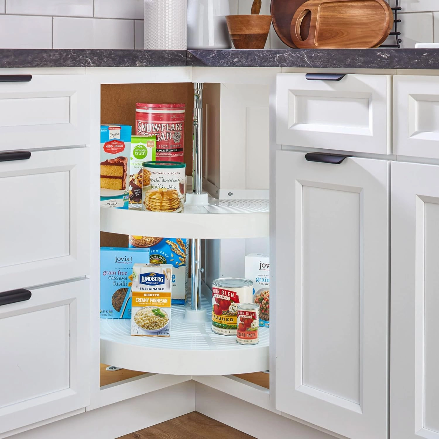 Rev-A-Shelf 28" Pie-Cut Dual Tier Lazy Susan Organizer for Corner Wall Kitchen Cabinets, Plastic Home Rotating Storage Shelves, White, 2942-28-11-1