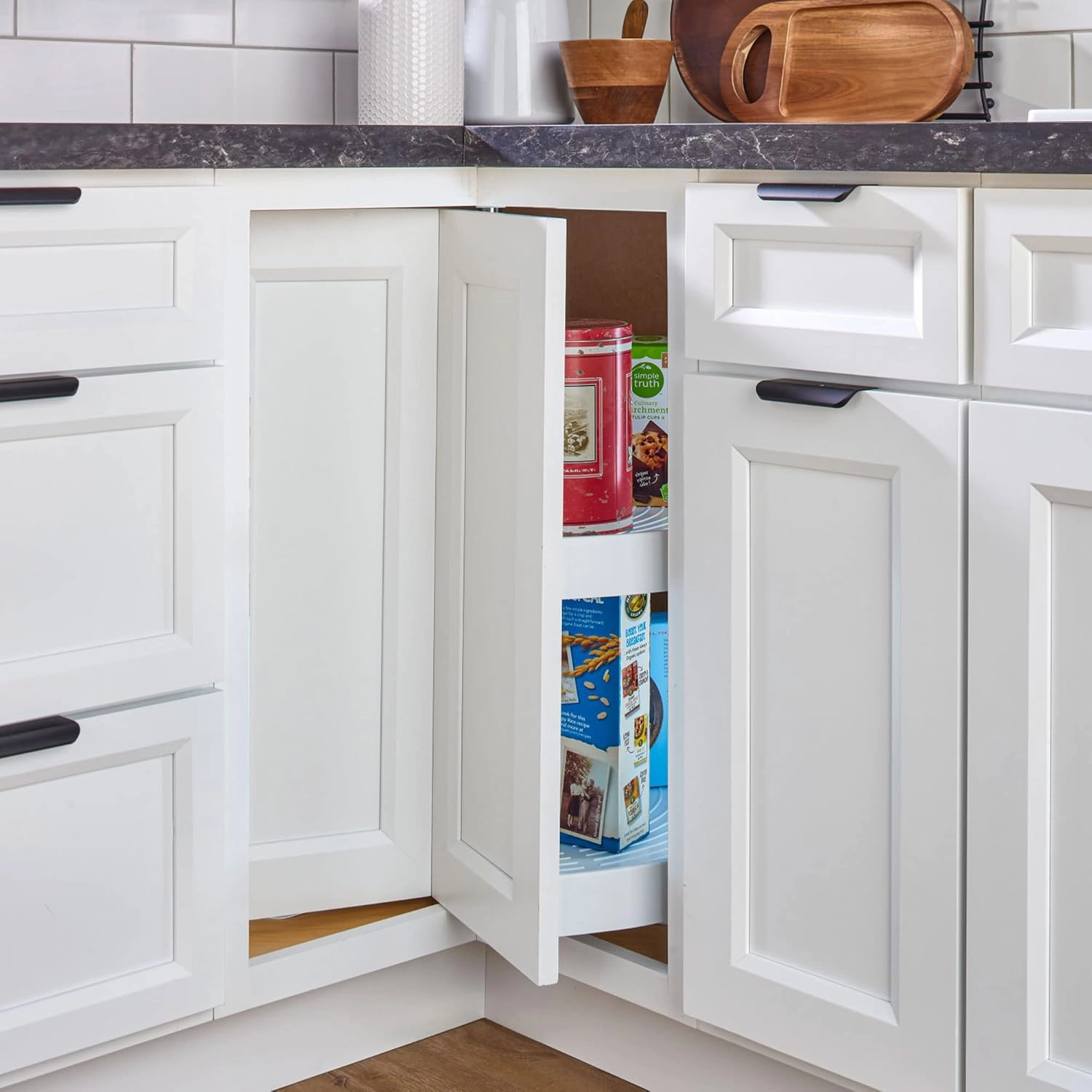 Rev-A-Shelf 28" Pie-Cut Dual Tier Lazy Susan Organizer for Corner Wall Kitchen Cabinets, Plastic Home Rotating Storage Shelves, White, 2942-28-11-1
