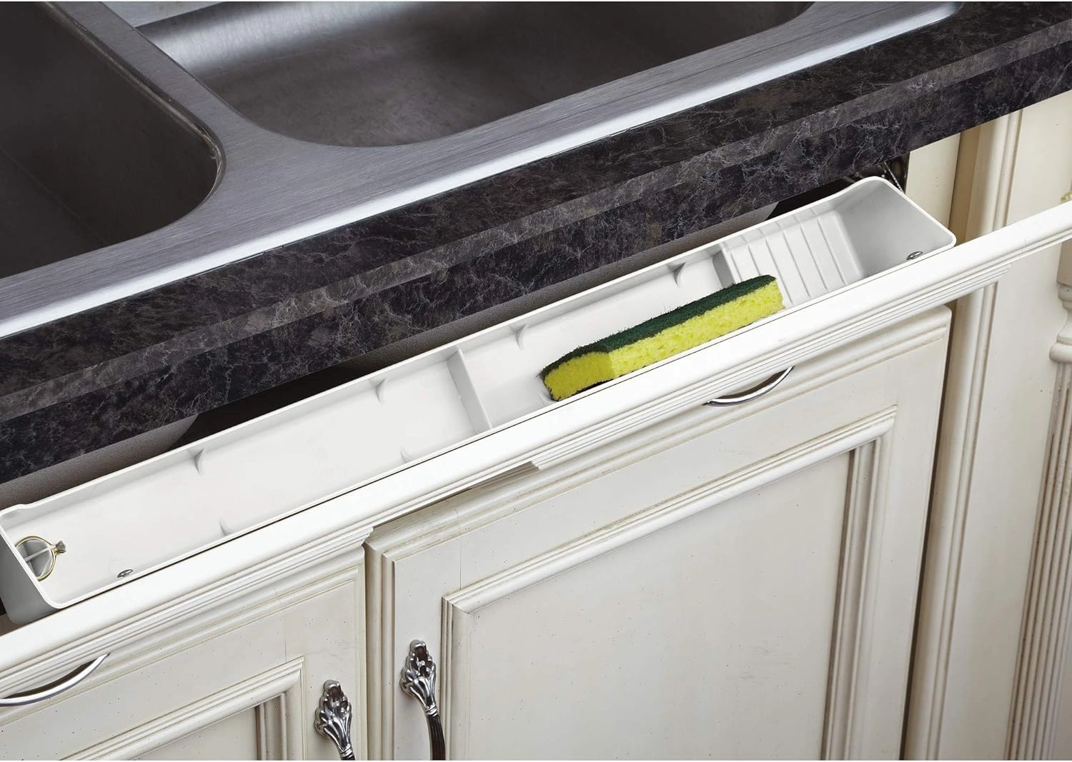 Rev-A-Shelf 30" Tip-Out Plastic Sink Tray for Kitchen and Bathroom Base Cabinets, Large Pullout Vanity Shelf Home Organizer, White, LD-6591-30-11-1