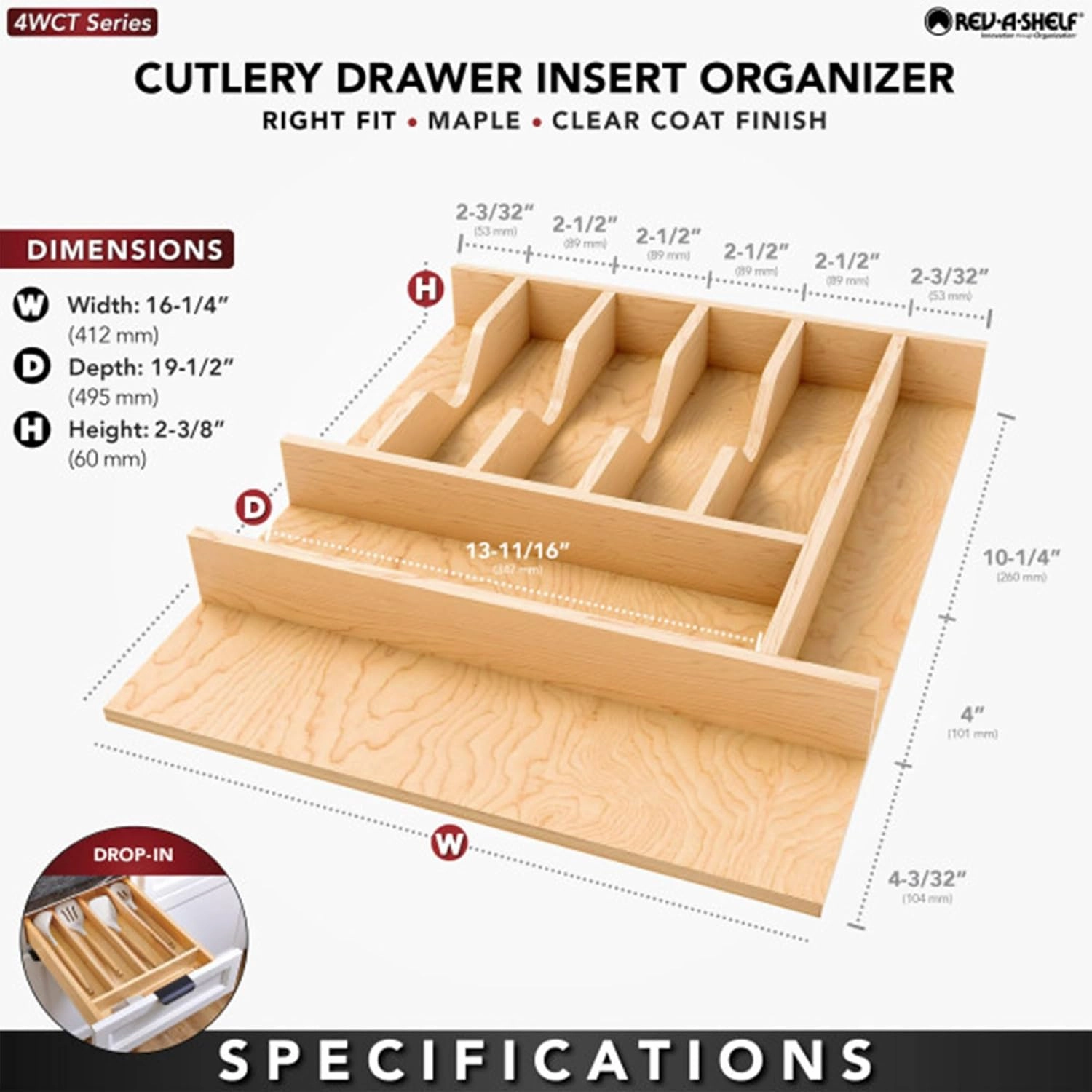 Rev-A-Shelf Natural Maple Right Size Utensil Insert Home Storage Kitchen Organizer 8 Compartment Drawer Accessory, 16-1/4" x 19-1/2", 4WCT-21SH-1